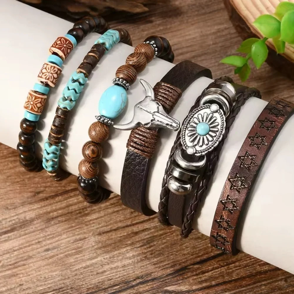 Western Men's Brown and Turquoise  leather 6x bracelet set